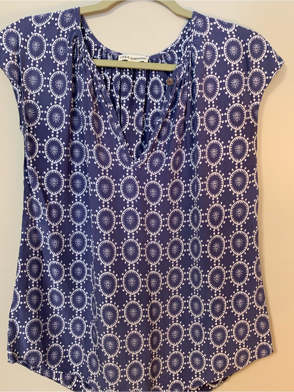 Ulla Johnson Navy and White Geometric Cap-Sleeve Blouse